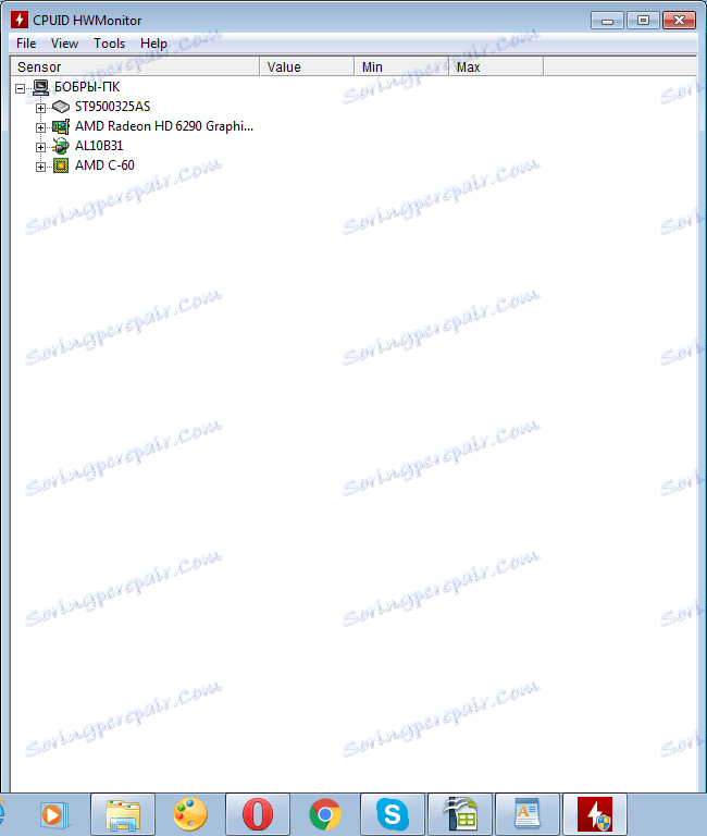 Основният прозорец на програмата HWMonitor