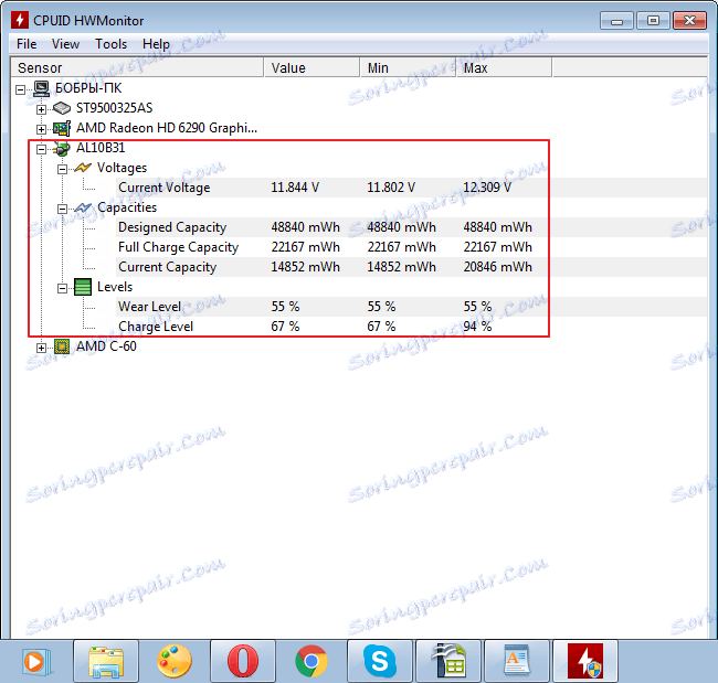 Параметрите на батерията в HWMonitor