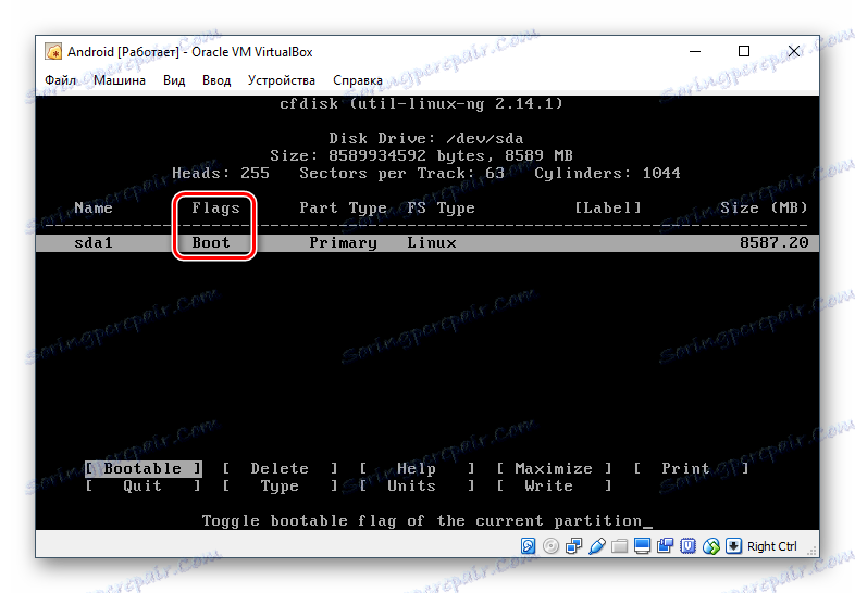 Razdelek, označen kot Bootable pri namestitvi Android v VirtualBox