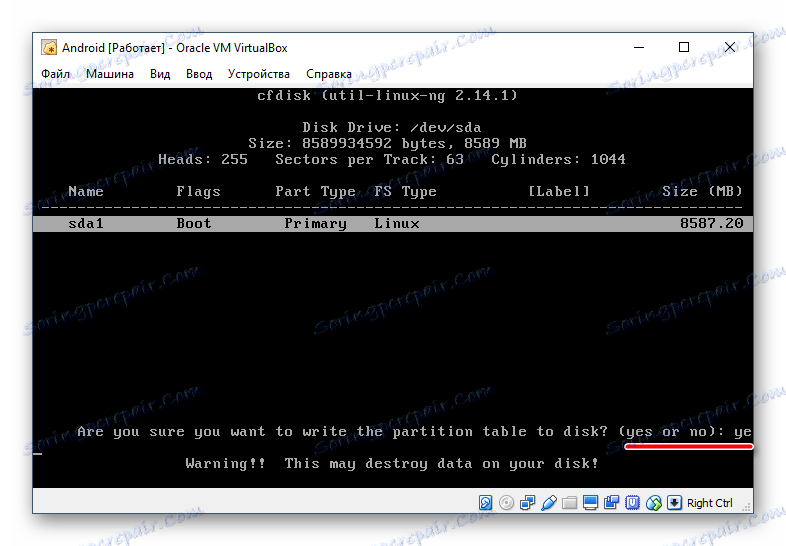 Potrditev shranjevanja nastavitev ustvarjene particije pri namestitvi Android v VirtualBox
