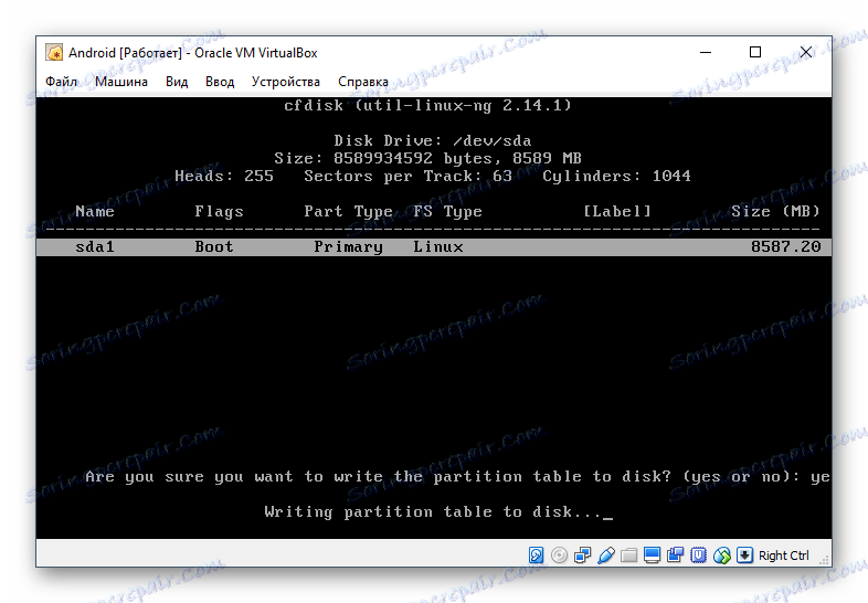 Snemanje izbranih nastavitev ustvarjene particije pri namestitvi Android v VirtualBox