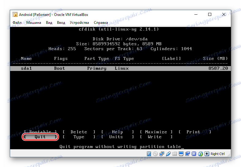 Izhod iz pripomočka cfdisk pri nameščanju Androida v VirtualBoxu
