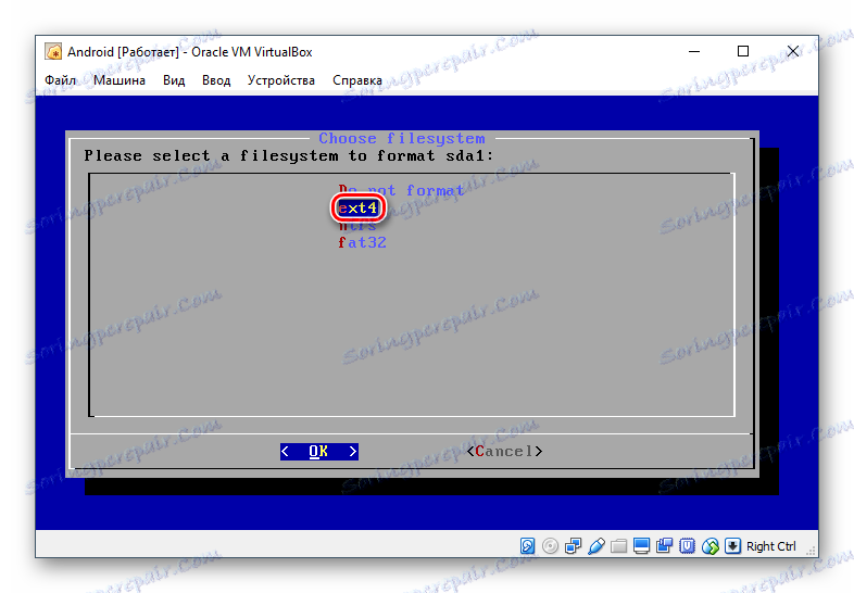 Oblikovanje izbrane particije za namestitev Android v VirtualBox