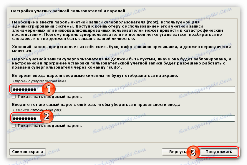 Zadejte heslo superuser při instalaci Kel Linuxu
