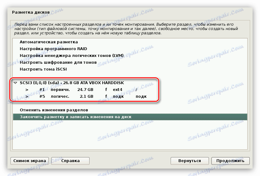 okno pro zobrazení rozdělovací struktury disků při instalaci kalinuxu v automatickém režimu