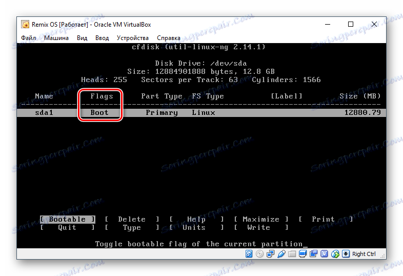 Razdelek, dodeljen zagonski particiji v operacijskem sistemu cfdisk Remix OS v VirtualBoxu
