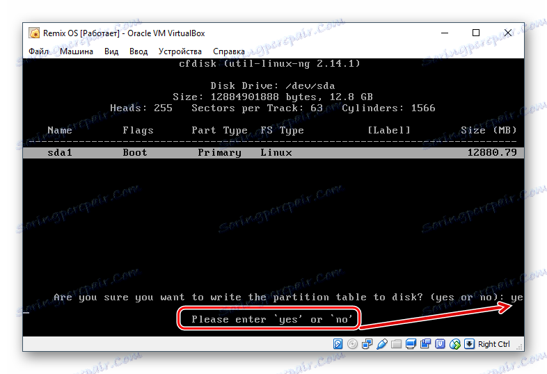 Potrditev za cfdisk Remix OS v VirtualBoxu
