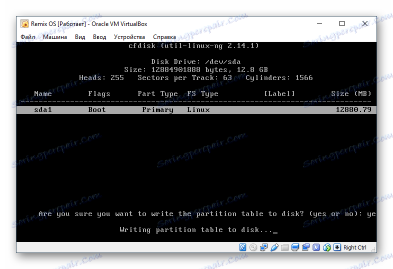 Pisanje parametrov na cfdisk Remix OS v VirtualBoxu