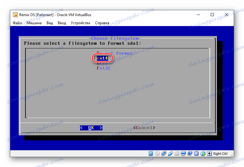 Izbira particijskega datotečnega sistema za namestitev Remix OS v VirtualBox