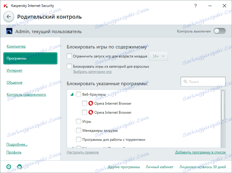 programski zavihek v programu Starševski nadzor iz programa Kaspersky Internet Security
