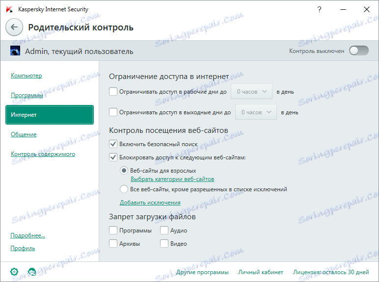 Internetni jeziček v programu Starševski nadzor iz programa Kaspersky Internet Security