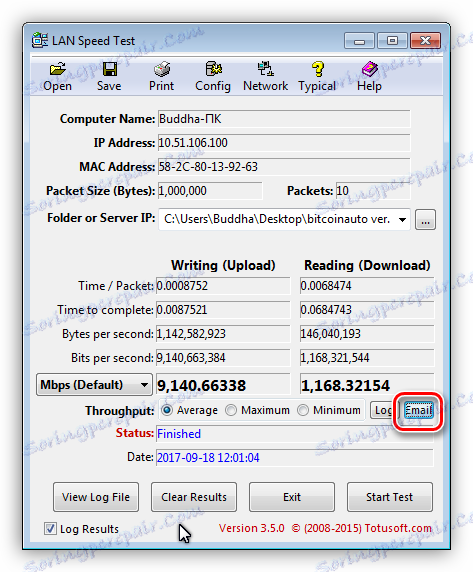 Pošiljanje rezultatov testa po elektronski pošti v LAN testu hitrosti