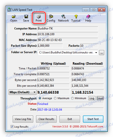 Izpis rezultatov preizkusa v LAN-testu hitrosti