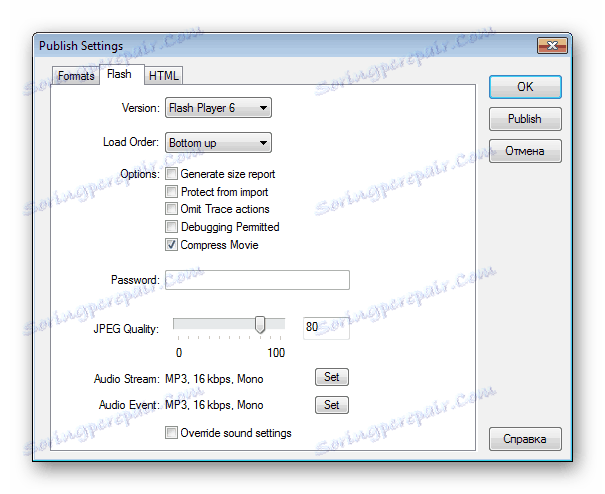 Nastavitev publikacije Macromedia Flash MX