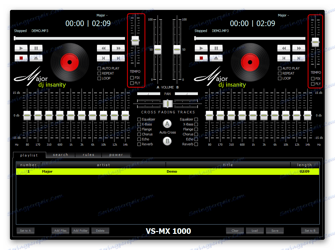 Възможност за увеличаване или намаляване на скоростта на възпроизвеждане в Major DJ Insanity