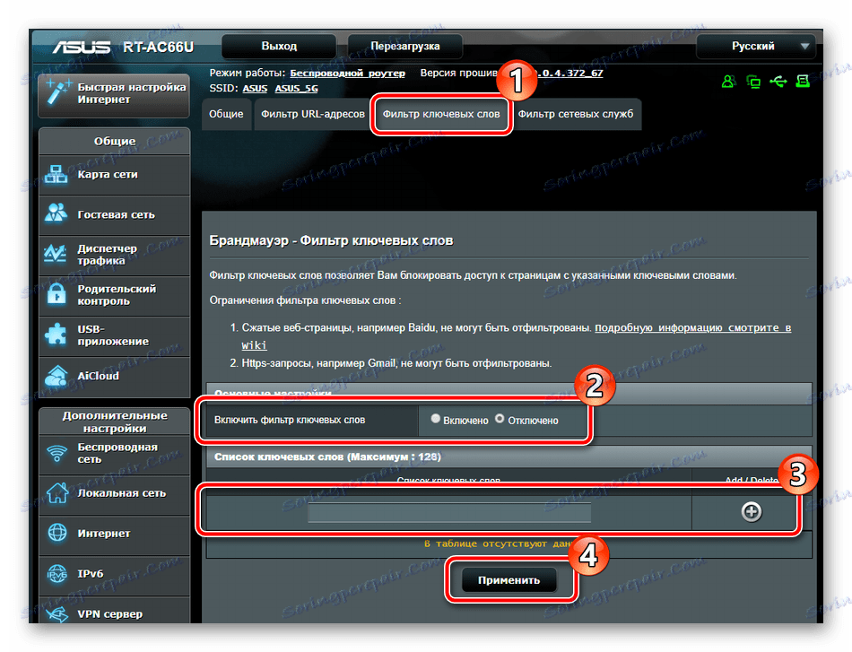 Активирайте филтъра за ключови думи на рутера на ASUS RT-N66U