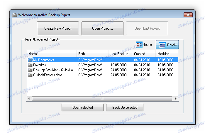 Okno za zagon Active Backup Expert