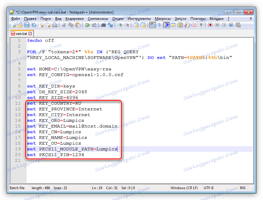 Uzupełnianie dowolnymi informacjami pliku skryptu w celu skonfigurowania serwera OpenVPN