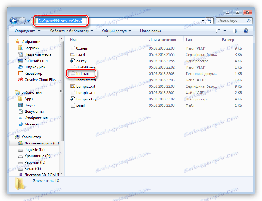 Plik indeksu w folderze z kluczami i certyfikatami na serwerze OpenVPN