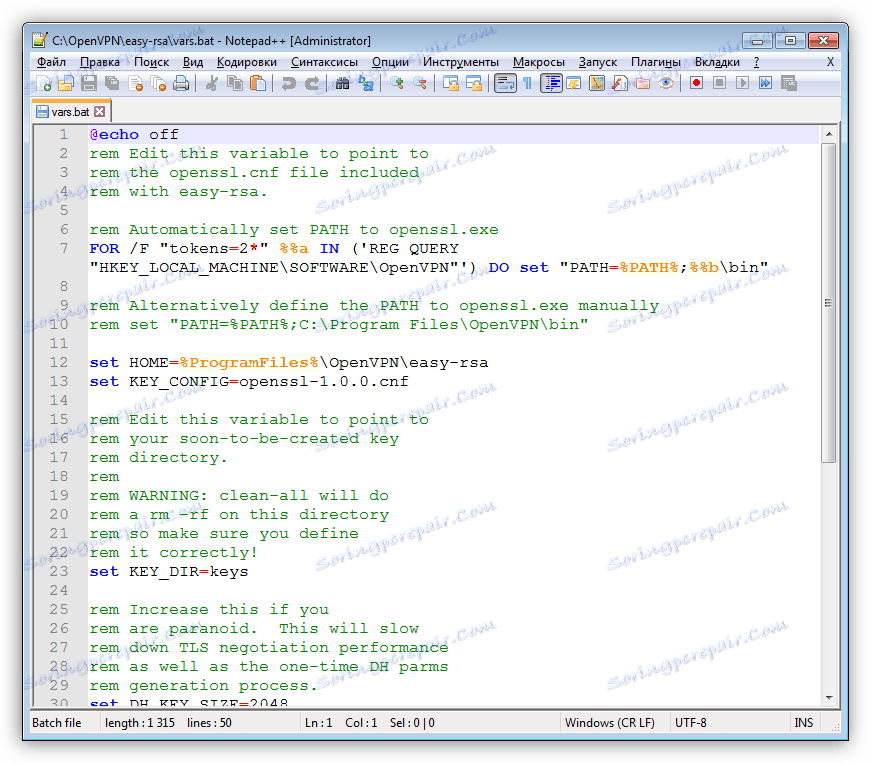 Otwieranie pliku skryptu w programie Notepad ++ do konfigurowania serwera OpenVPN