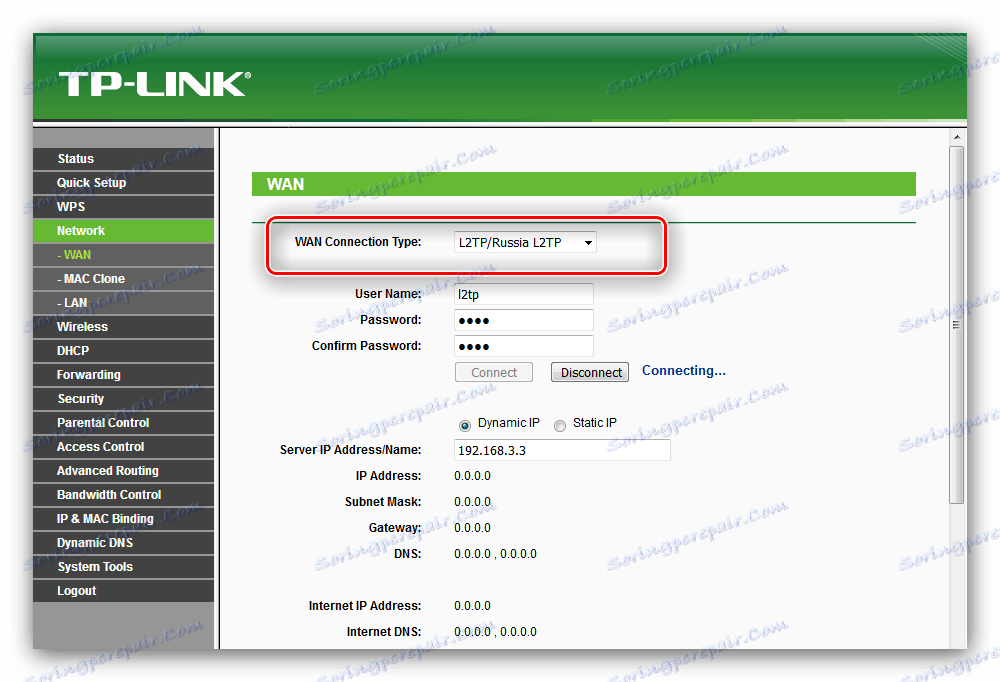Vyberte L2TP, chcete-li ručně konfigurovat router tp-link tl-wr741nd