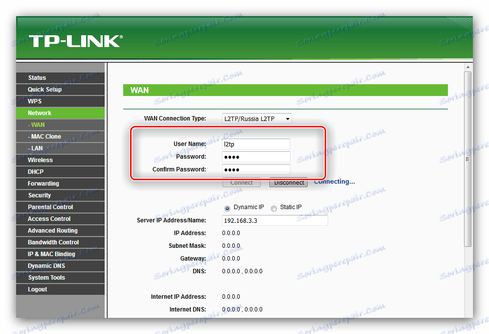 L2TP přihlašovací informace pro ruční konfiguraci routeru tp-link tl-wr741