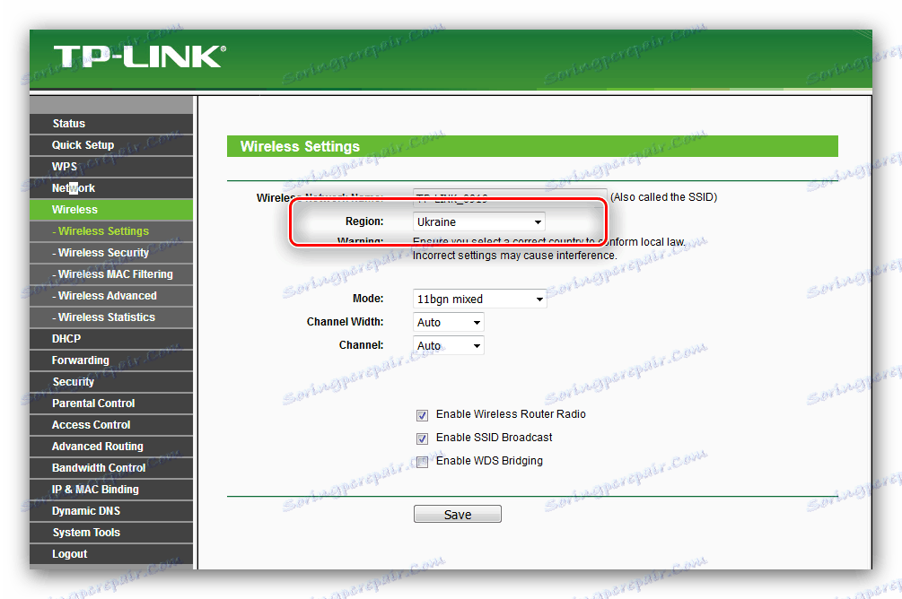Nastavte oblast pro konfiguraci WiFi na routeru tp-link tl-wr741nd