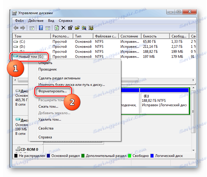 Преход към форматиране на дял в прозореца за управление на диска в Windows 7