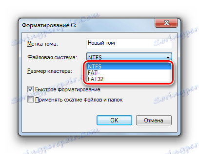 Изберете файлова система от падащия списък в прозореца Форматиране в Windows 7