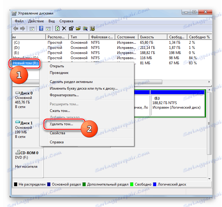 Преминете към изтриването на дял в прозореца за управление на диска в Windows 7