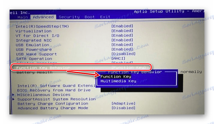 Промяна на режима с бутоните в BIOS на Dell