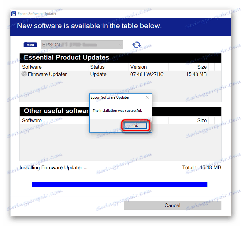 Oznámenie o dokončení inštalácie aktualizácií v programe Epson Software Updater