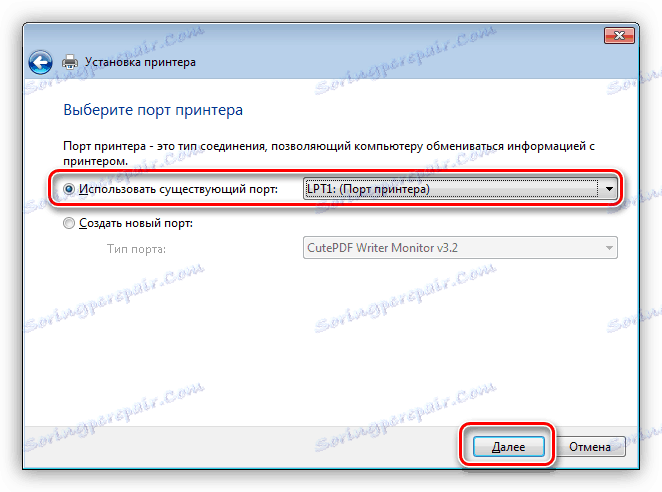 Výber portu pripojenia pri inštalácii ovládača tlačiarne HP LaserJet 1300 v systéme Windows 7