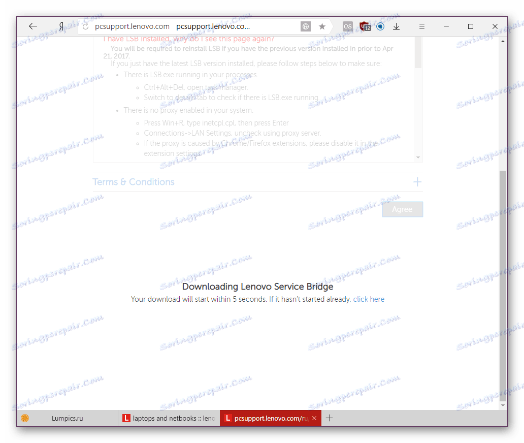 Začnite s prenosom namestitvenega programa Lenovo Service Bridge z uradnega spletnega mesta