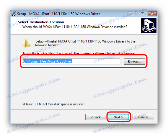 Продължете да инсталирате изтегления драйвер за устройството MOXA UPort 1150.