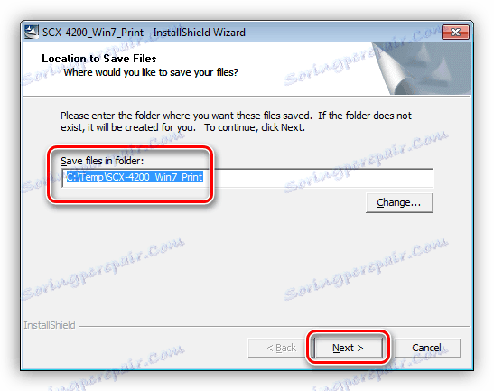 Избиране на място за разопаковане на драйвера за принтера Samsung SCX 4220