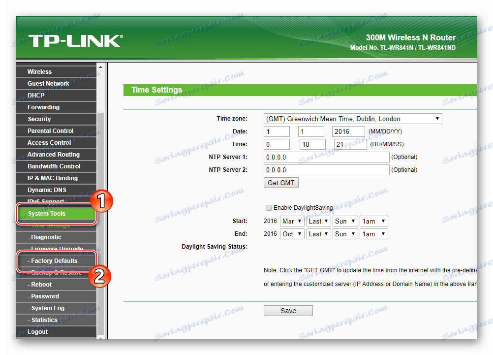 Nastavitve resetiranja TP-Link TL-WR841N iz razdelka spletnega vmesnika Sistemska orodja - tovarniške privzete nastavitve