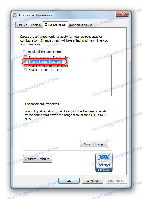 Aktivujte ekvalizér ve vlastnostech zvukové karty v systému Windows 7