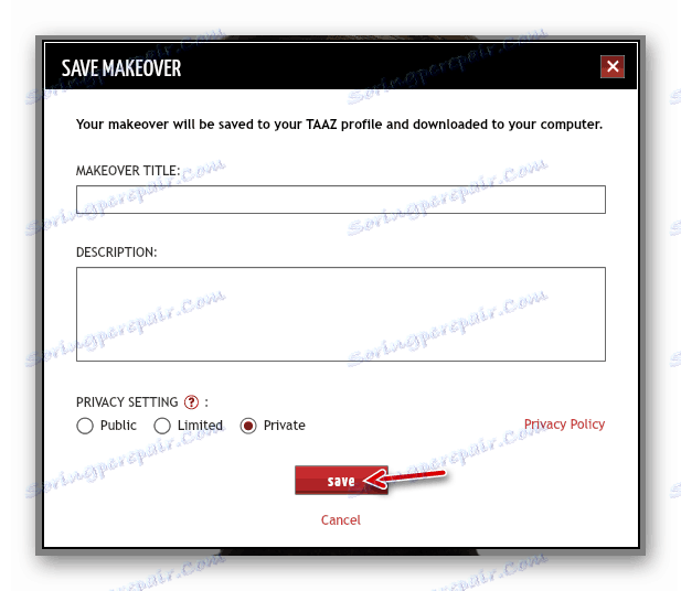 Obrazec za izvoz slike iz spletne storitve TAAZ Virtual Makeover