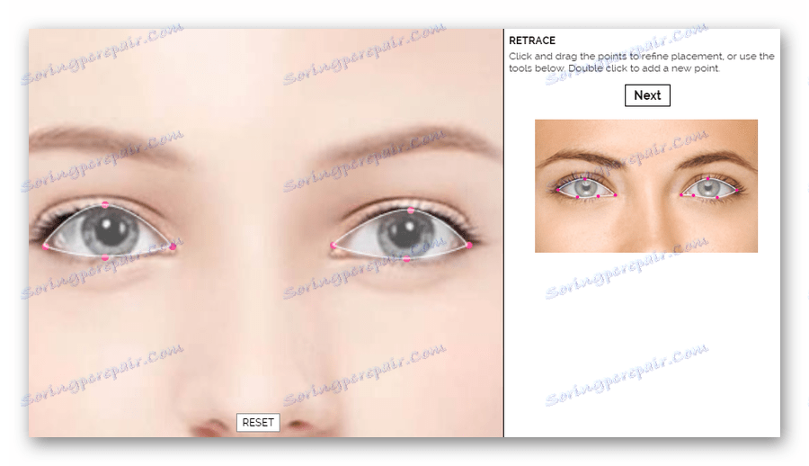 Izbira področja za oko v spletni aplikaciji Makeover