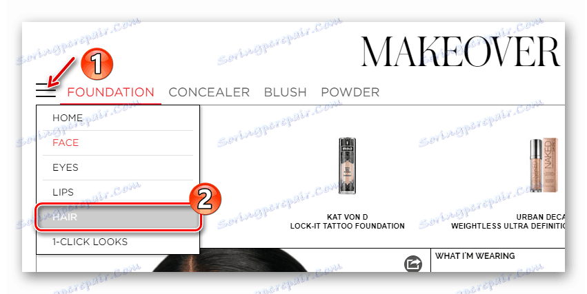 Spustni meni v spletni storitvi Makeover