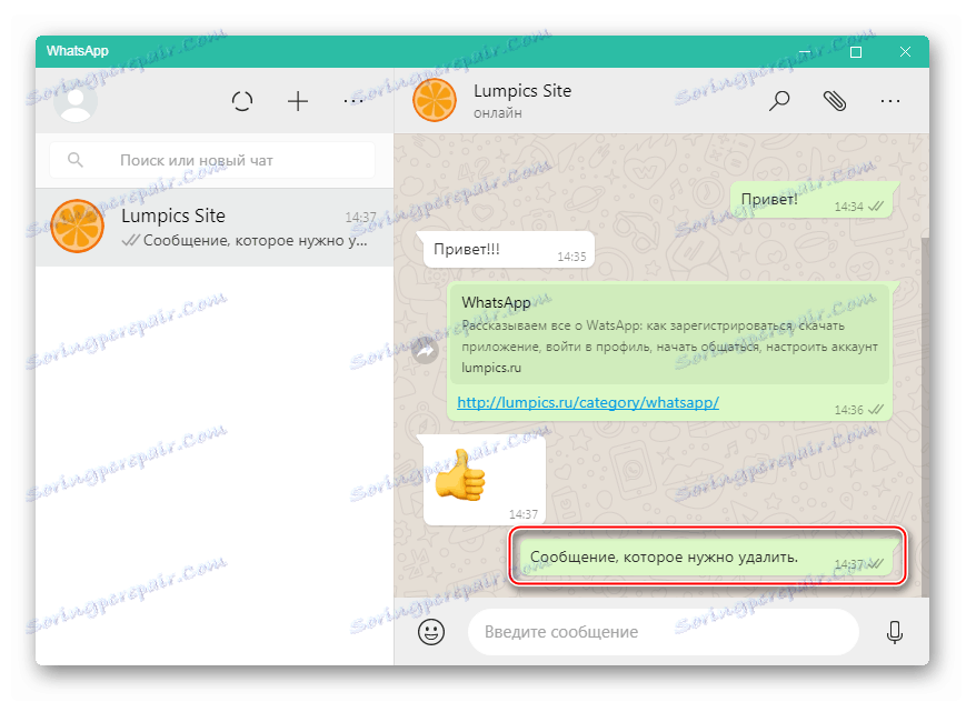 Dialog WhatsApp pro Windows se zprávou, kterou chcete smazat od partnera