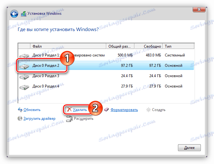 odstranění oddílu na pevném disku při instalaci Windows