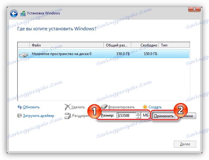 vytvoření nového oddílu v instalačním systému Windows