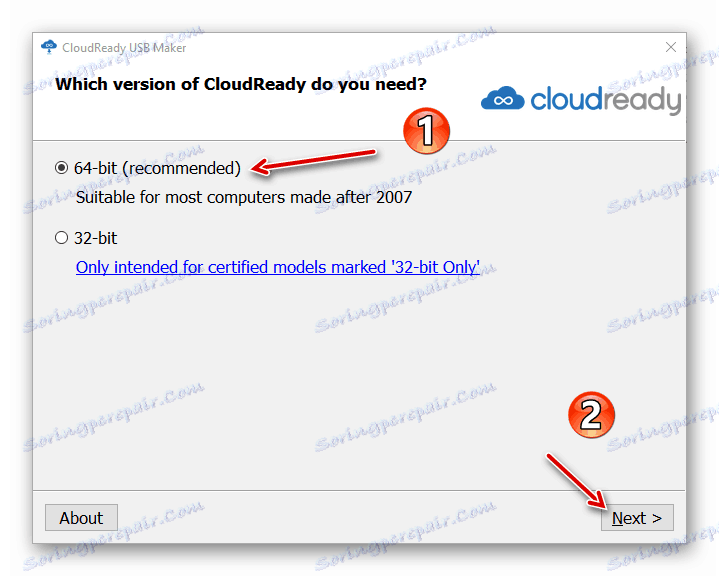 Odabir dubine bita sustava za stvaranje bootable USB flash pogona u uslužnom programu CloudReady USB Maker