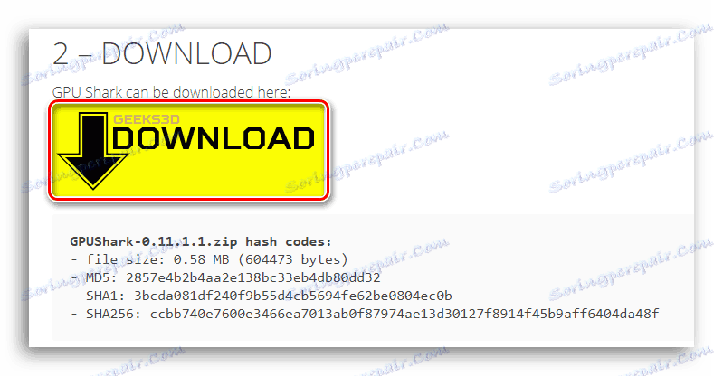 S pritiskom na rumeni gumb preusmerite na stran prenosa GPUShark
