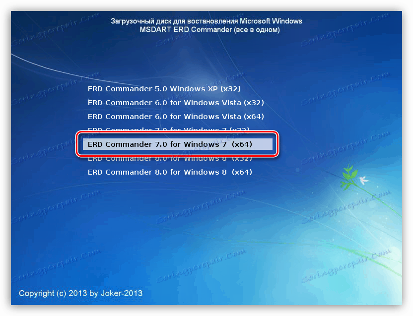 Izbira operacijskega sistema Windows 7 za zagon iz komande ERD za distribucijo