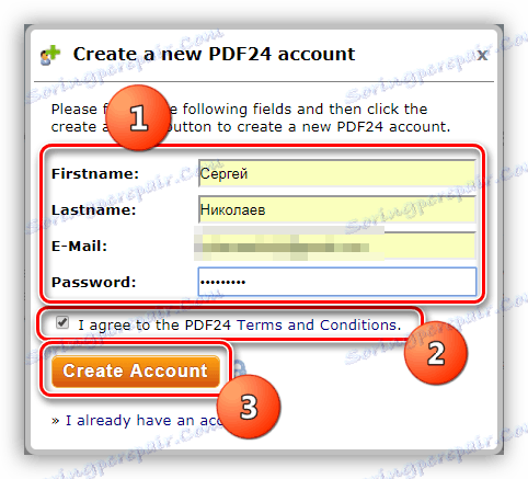 Zadejte osobní údaje a heslo pro registraci účtu ve službě PDF24 Creator