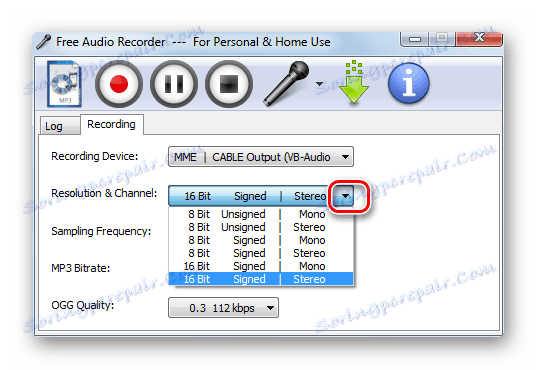 Wybór rozdzielczości i kanału na liście rozwijalnej Resolution & Cannel w programie Free Audio Recorder w systemie Windows 7