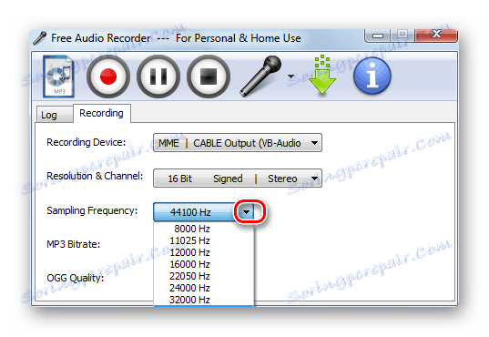 Wybór częstotliwości próbkowania z rozwijanej listy Sampling Frenquance w programie Free Audio Recorder w Windows 7